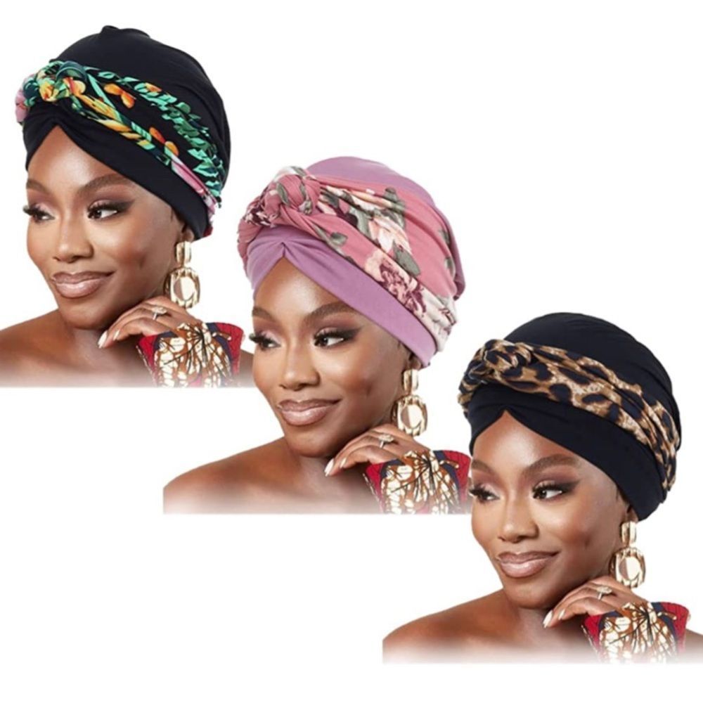 3 PCs Head Wrap Black Floral Head Turbans Pre-Tied Leopard Print Head …​​